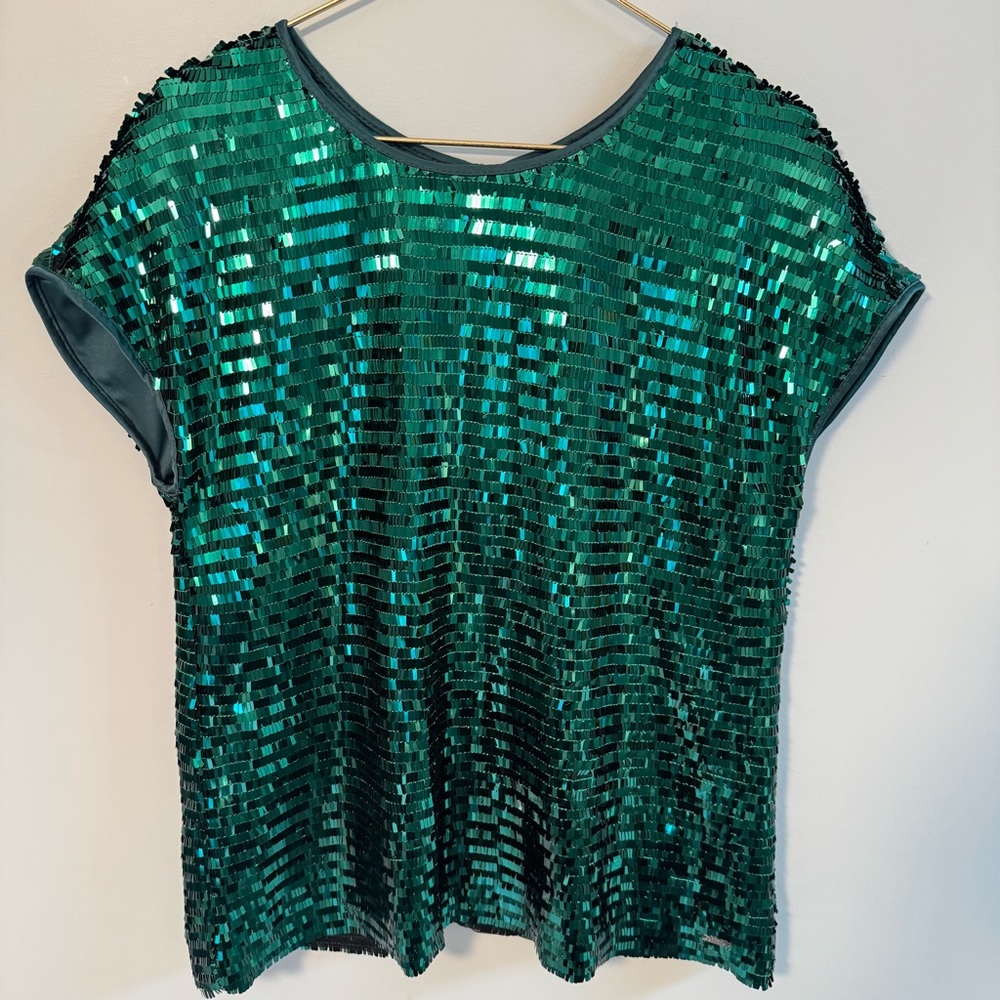 ARMANI EXCHANGE Women's Short Sleeve Sequined Top GREEN Size Large